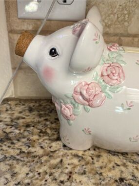 White Ceramic Piggy Bank with Pink Rose Motif